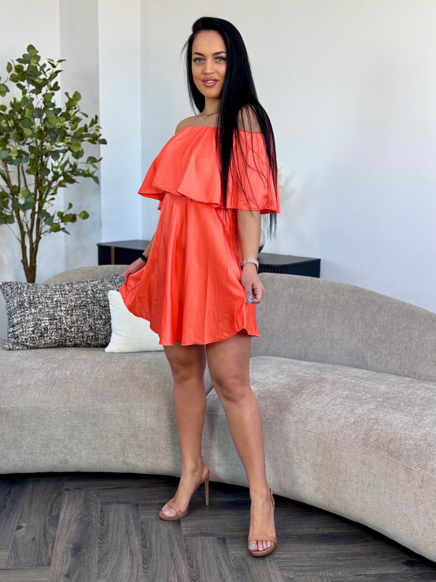 Rochie Eliza Satin - Corai