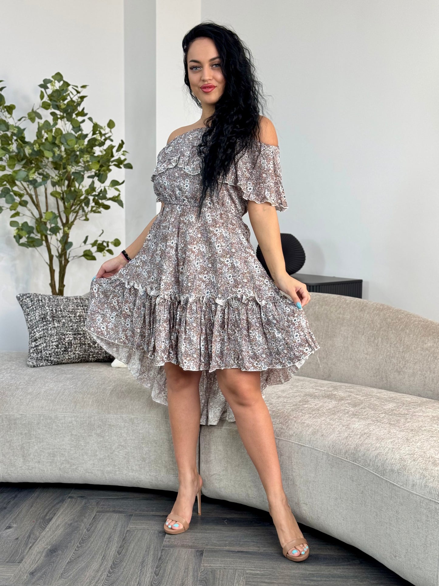 Rochie BELLA PRINT - Beige Flowers